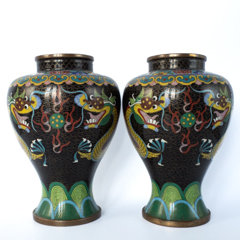 Fine Chinese Vintage Cloisonne Enamelled Black Ground Dragon Vases 20th Century