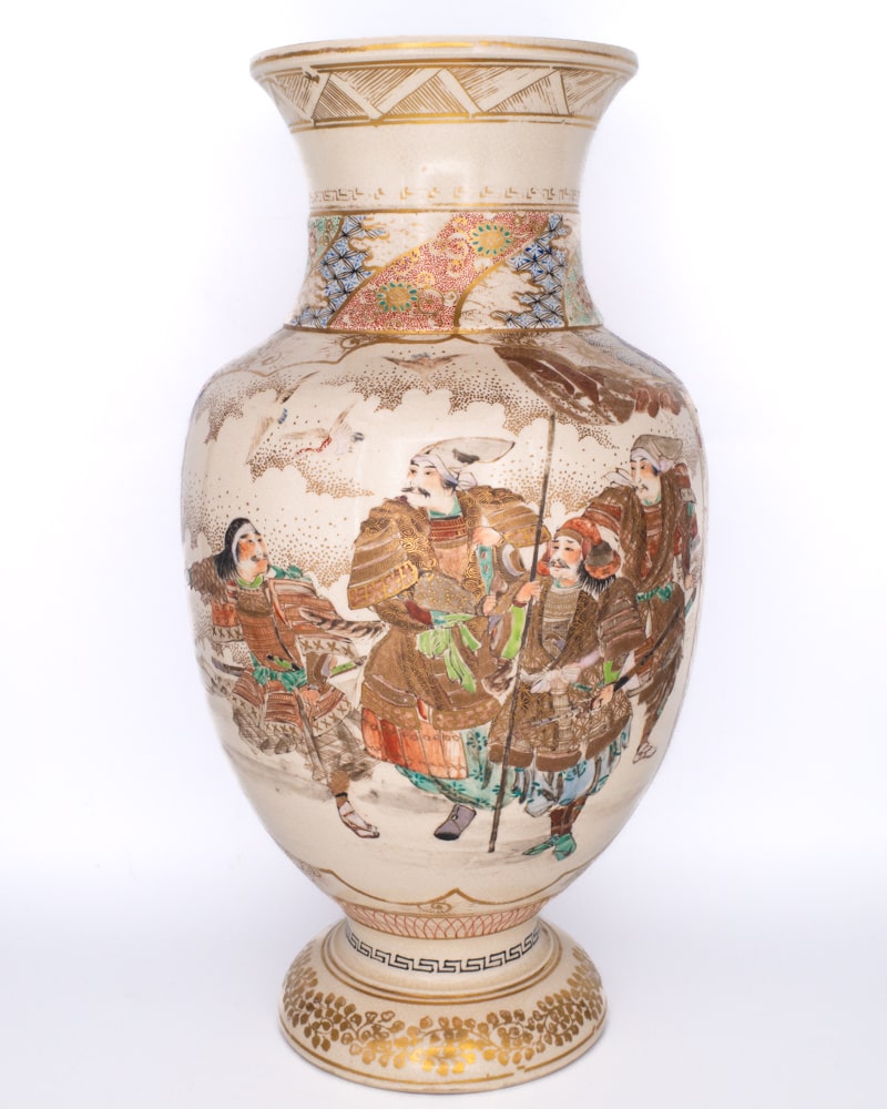 Fine Antique Japanese Kyoto Satsuma Pottery Vase With Figural Scenes Meiji Era