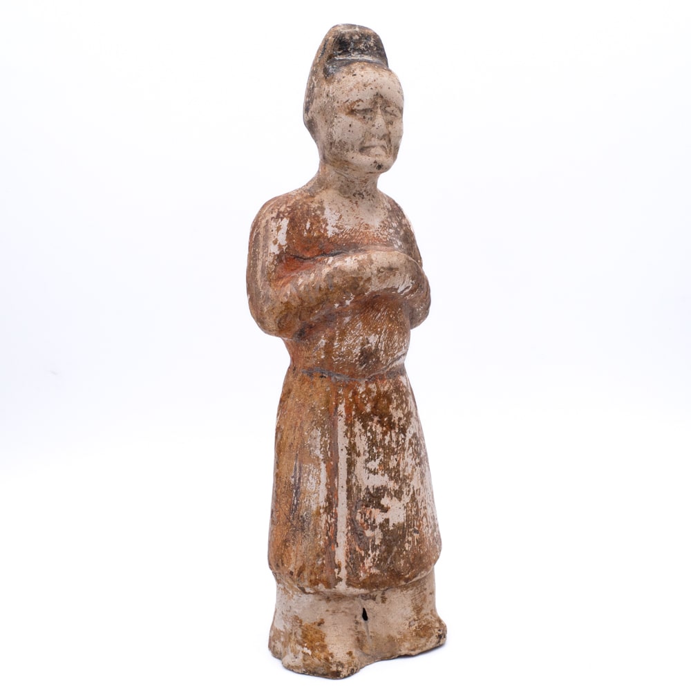 Rare Chinese Antique Painted Pottery Figure of a Standing Attendant Tang Dynasty