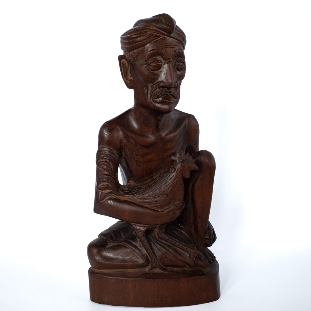 Vintage Balinese Wood Carving Statue of an Elderly Man With a Rooster