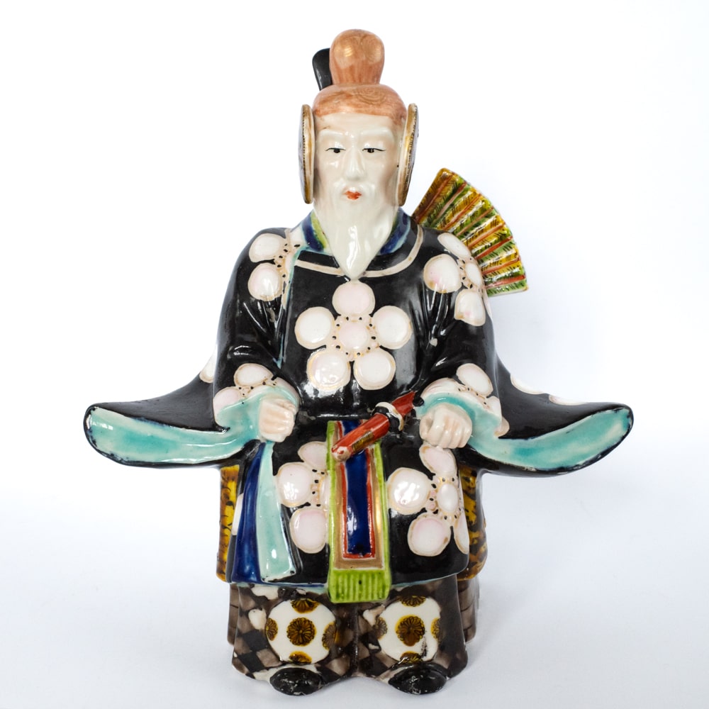 Antique Japanese Kutani Porcelain Figurine of a Seated Archer Early 20th Century