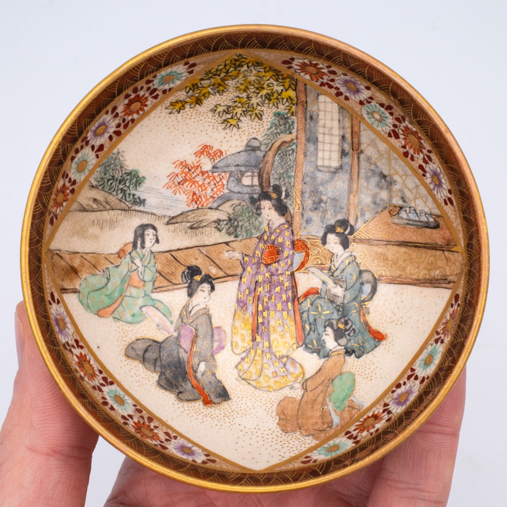 Fine Antique Japanese Satsuma Pottery Bowl Meiji Taisho Period Marked Ryozan 亮山