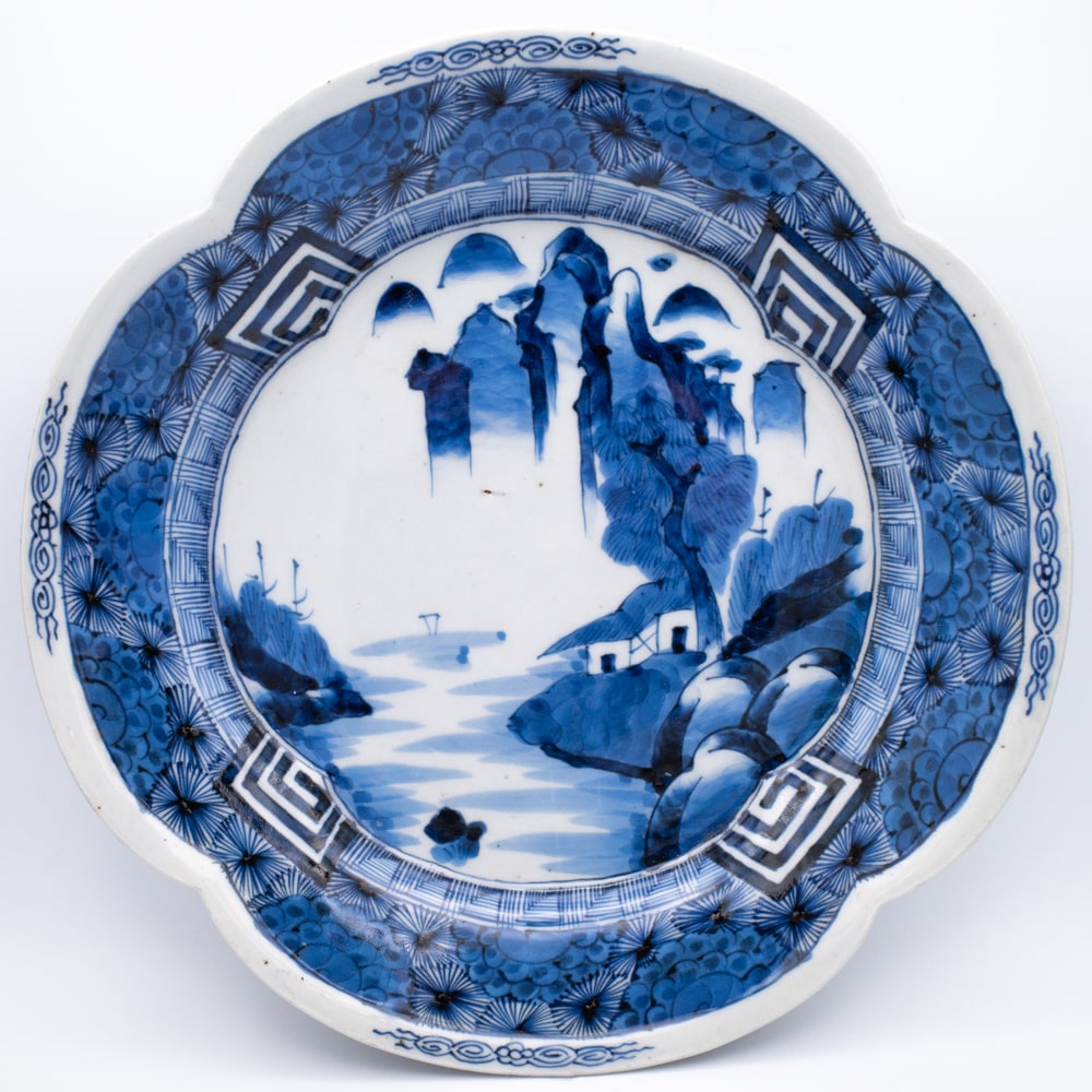 Large Antique Japanese Late Edo Blue and White Ko-Imari Porcelain Dish With 'Ken' Mark