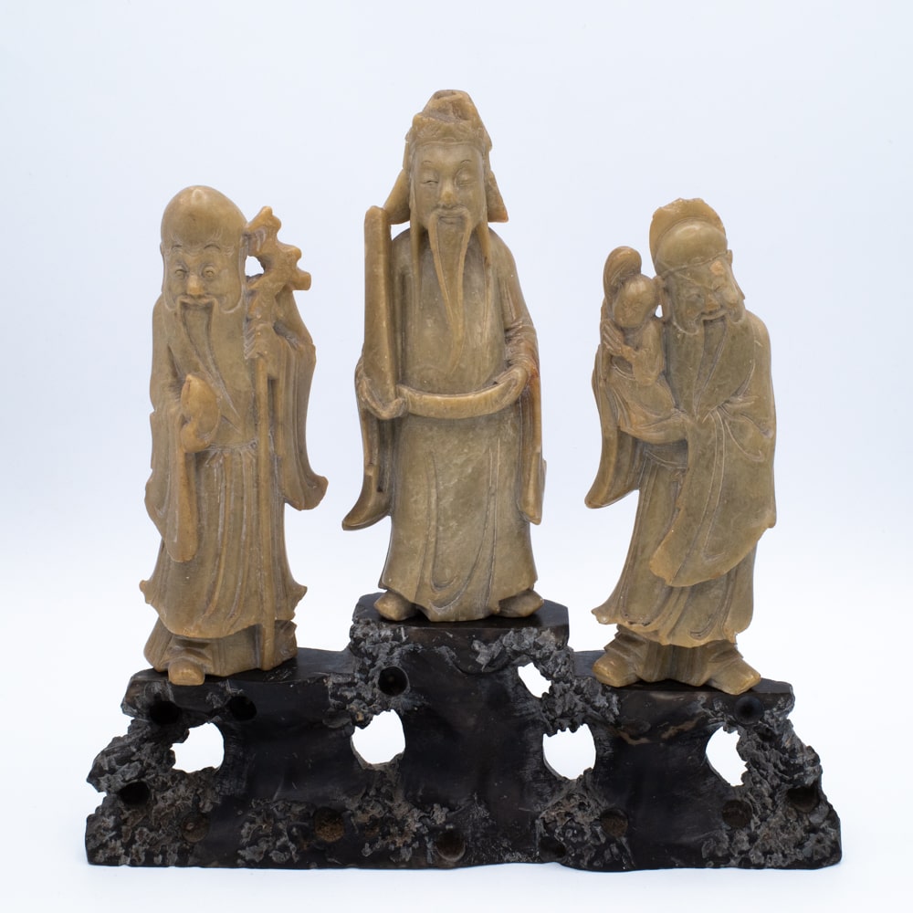 Vintage Chinese Soapstone Carved Figural Group of Sanxing Three Star Gods 20th century