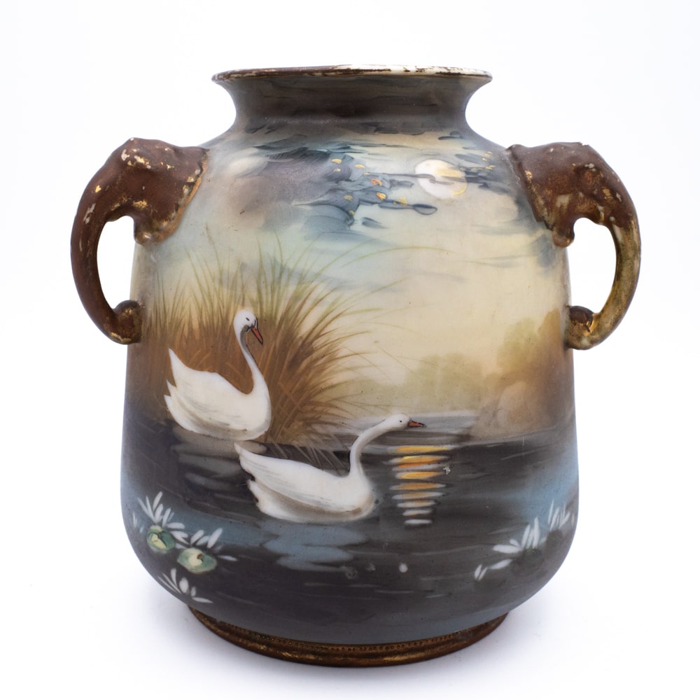 Vintage Japanese Hand-Painted Noritake Porcelain Vase With Elephant Handles