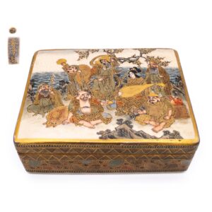 Fine Antique Japanese Satsuma Pottery Box With Seven Lucky Gods by Kitamura 喜多村