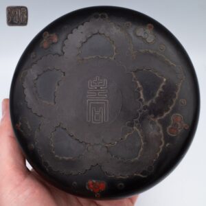 Rare Antique Japanese Cloisonne on Lacquer Round Covered Box. Meiji Period