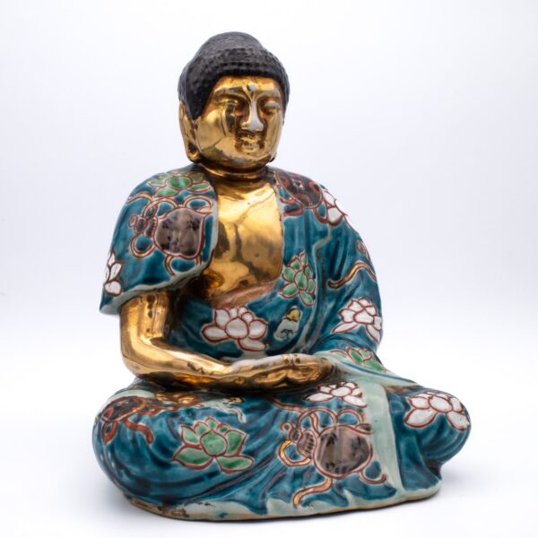 Large Antique Japanese Kutani Porcelain Figurine of Seated Buddha Shaka Nyorai