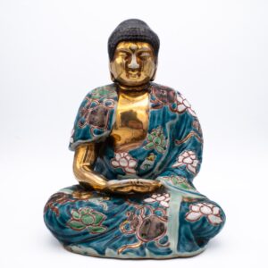 Large Antique Japanese Kutani Porcelain Figurine of Seated Buddha Shaka Nyorai