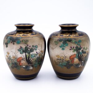 Fine Antique Japanese Cobalt Blue Satsuma Pottery Vases by Kinkozan 錦光山