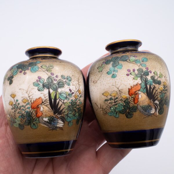 Fine Antique Japanese Cobalt Blue Satsuma Pottery Vases by Kinkozan 錦光山