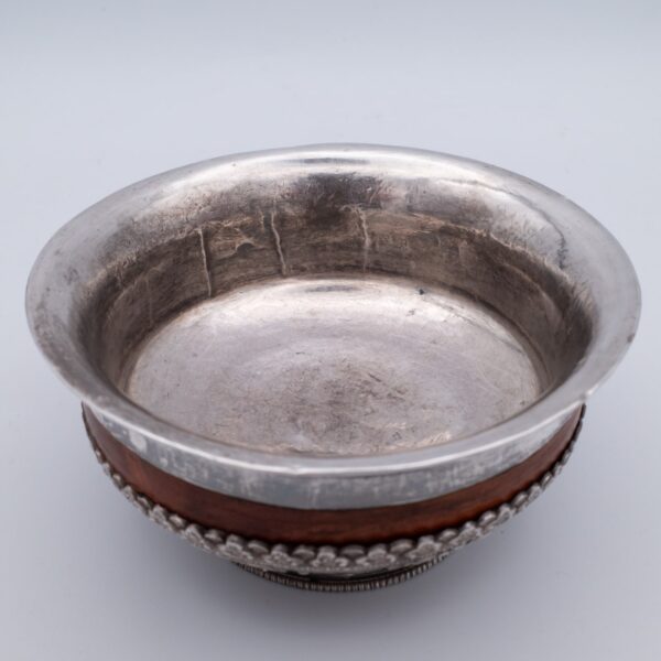 Fine Antique Tibetan Wood and Silver Buddhist Ashtamangala Jha Phor Tsampa Bowl