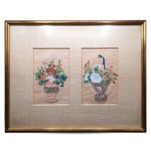 Antique Chinese Export Pith Paintings of Flower Baskets. 19th Century, Qing Dynasty