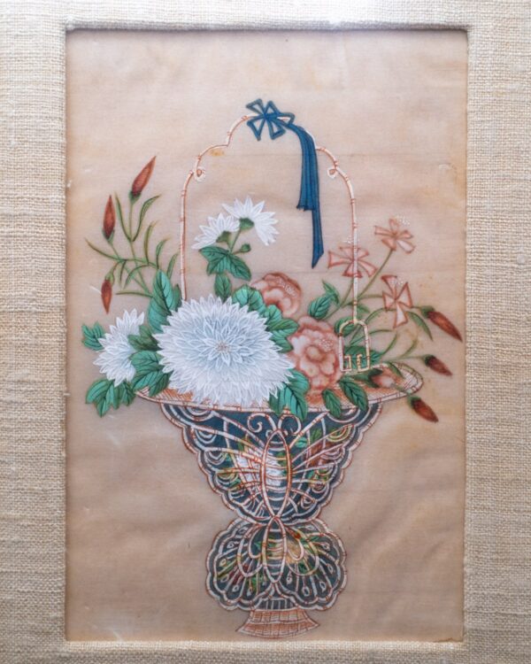 Antique Chinese Export Pith Paintings of Flower Baskets. 19th Century, Qing Dynasty