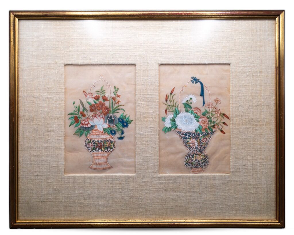 Chinese Antique Export Paintings on Pith Paper Flower Baskets 19th c. Qing Dynasty
