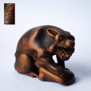 Antique Japanese Carved Boxwood Netsuke of Wolf and Hare by Masatomo. Edo Period