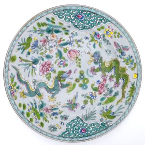 Antique Chinese Clobbered Export Porcelain Dish With Dragons and Butterflies. 18-19th c.
