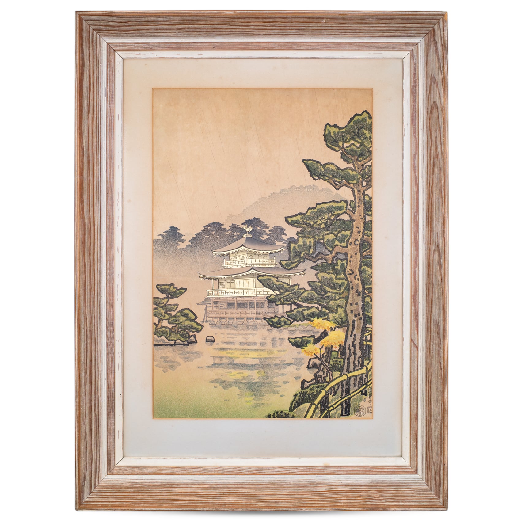 Fine Japanese Woodblock Print of Golden Pavilion in Kyoto by Nisaburo Ito. Showa Era
