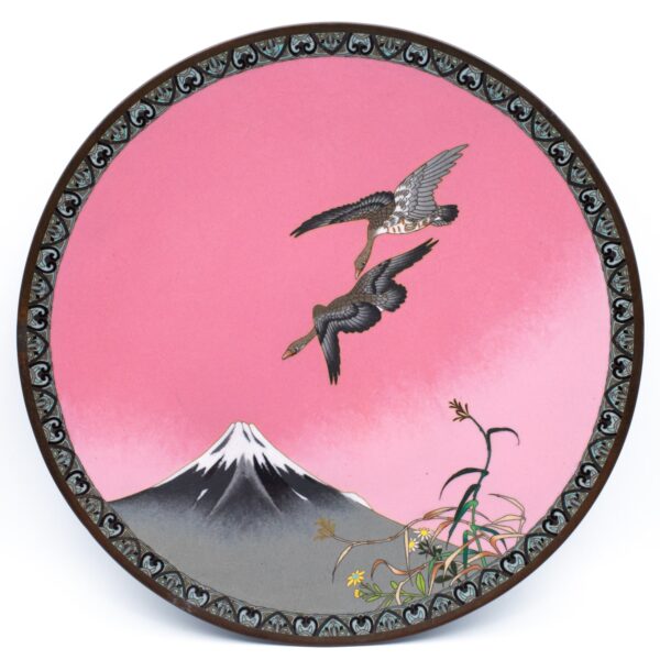 Fine Antique Japanese Cloisonne Charger With Geese and Mt. Fuji. Meiji Period