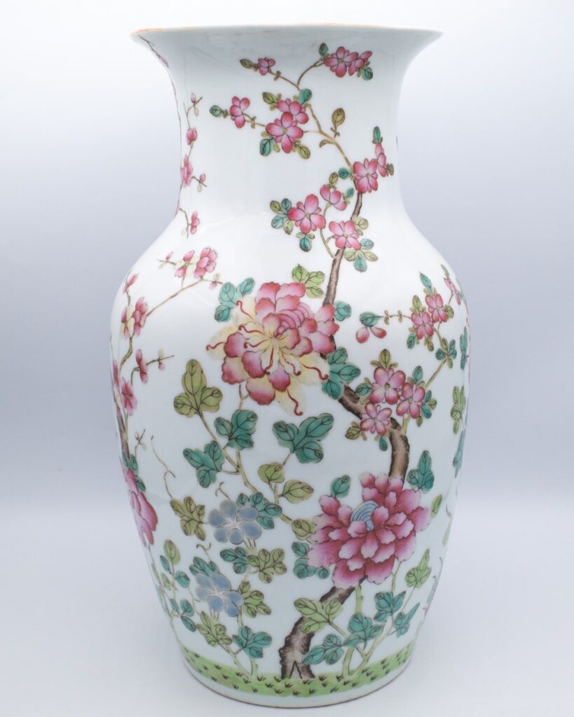 LARGE Vintage Chinese Famille Rose Porcelain Vase With Flowers 20th Century