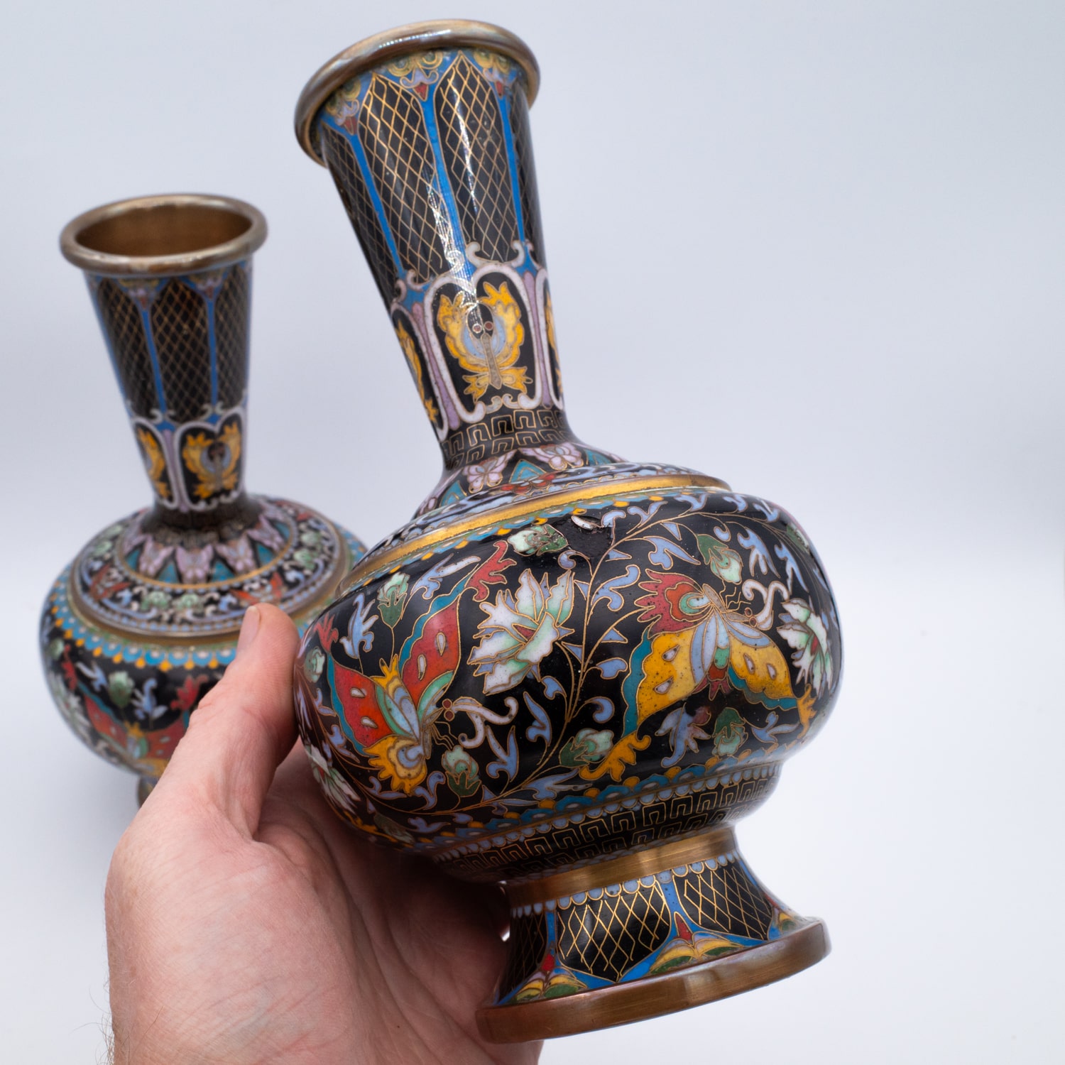 Fine Chinese Vintage Cloisonne Enamelled Vases With Butterflies. 20th Century