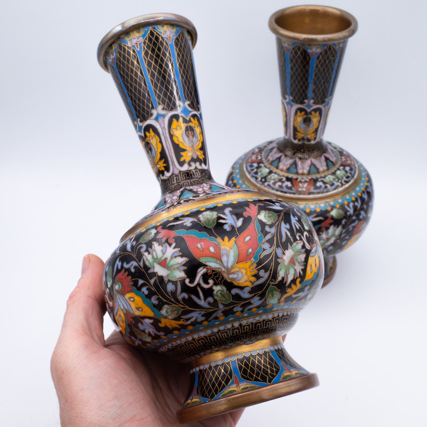 Fine Chinese Vintage Cloisonne Enamelled Vases With Butterflies. 20th Century