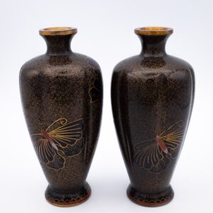 Rare Antique Japanese Meiji Black Monochrome Cloisonne Vases With Butterflies