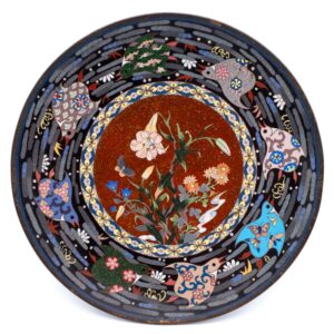 Fine Antique Japanese Cloisonne Dish With Flowers and Chidori Birds. Meiji Period