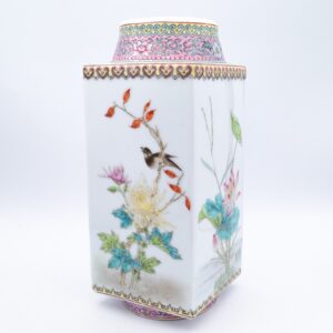Fine Vintage Chinese Famille Rose Porcelain Cong Vase With Birds and Flowers. 20th century