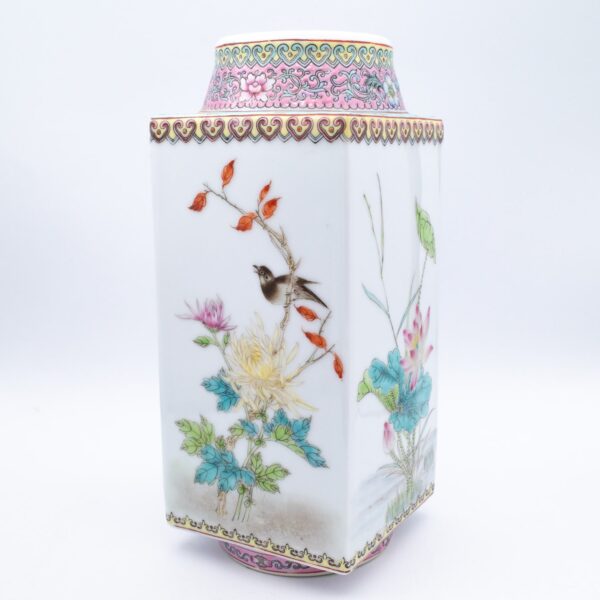 Fine Vintage Chinese Famille Rose Porcelain Cong Vase With Birds and Flowers. 20th century