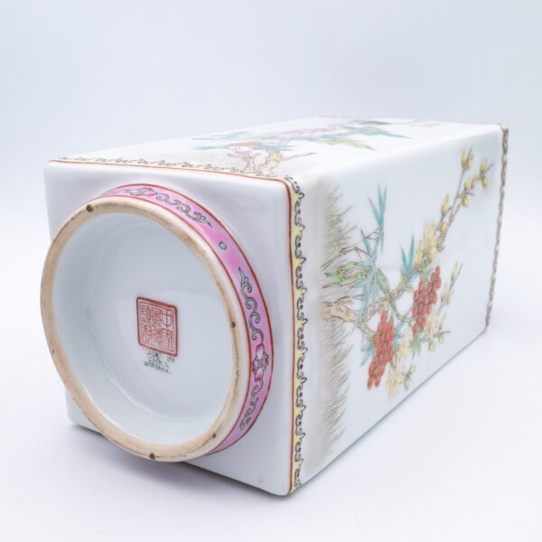 Fine Vintage Chinese Famille Rose Porcelain Cong Vase With Birds and Flowers. 20th century