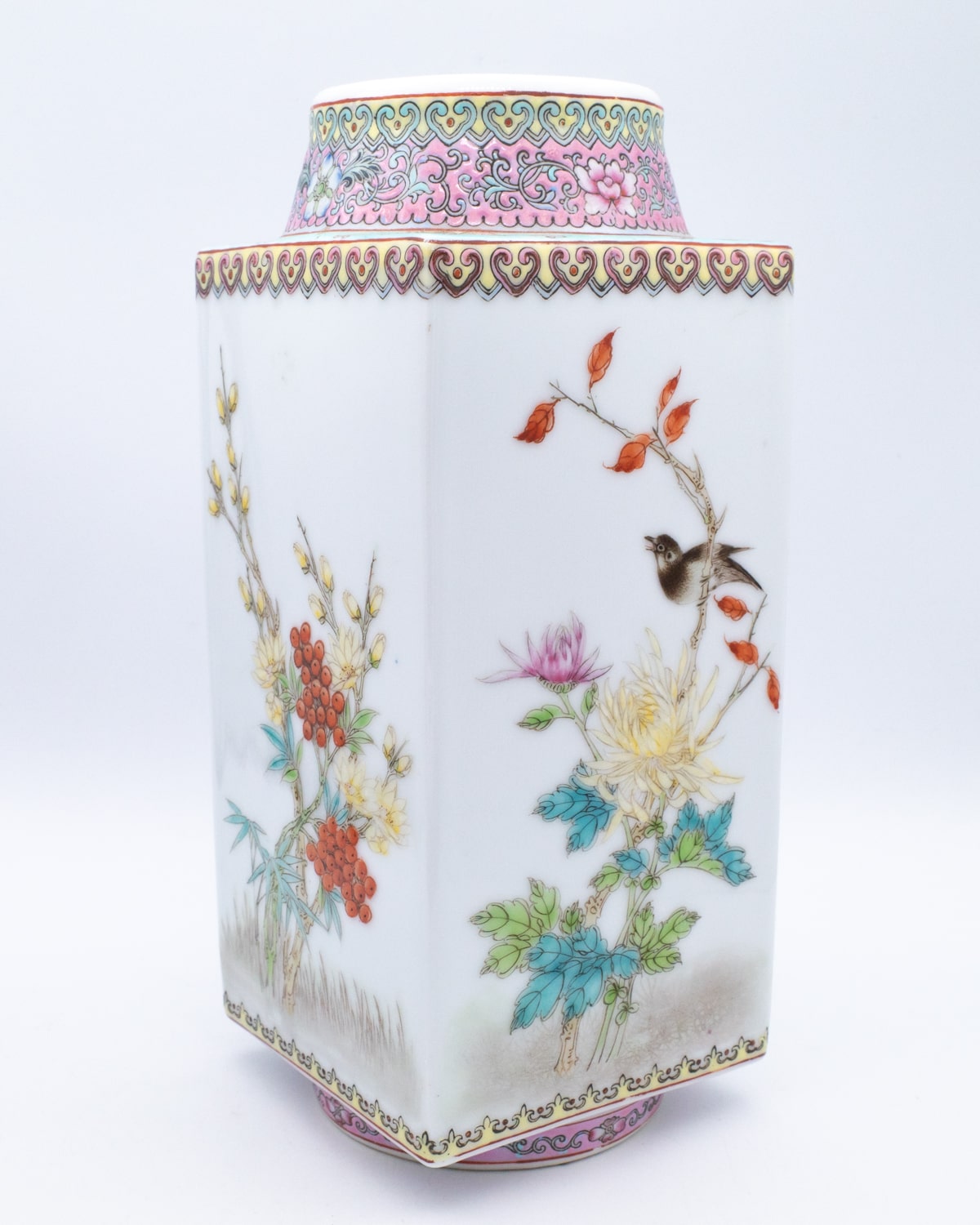 Fine Vintage Chinese Famille Rose Porcelain Cong Vase With Birds and Flowers. 20th century