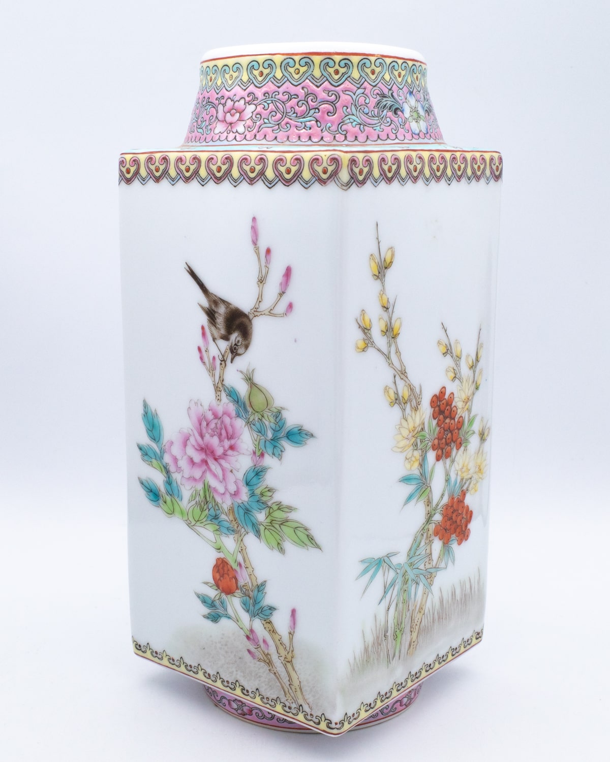 Fine Vintage Chinese Famille Rose Porcelain Cong Vase With Birds and Flowers. 20th century