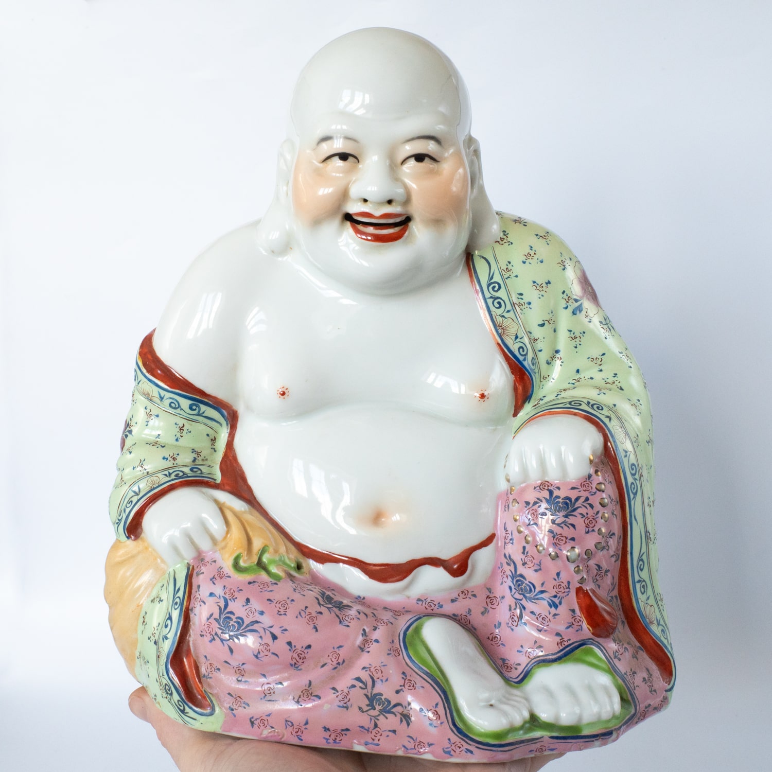 Large Vintage Chinese Famille Rose Porcelain Budai Buddha Figurine. 20th Century