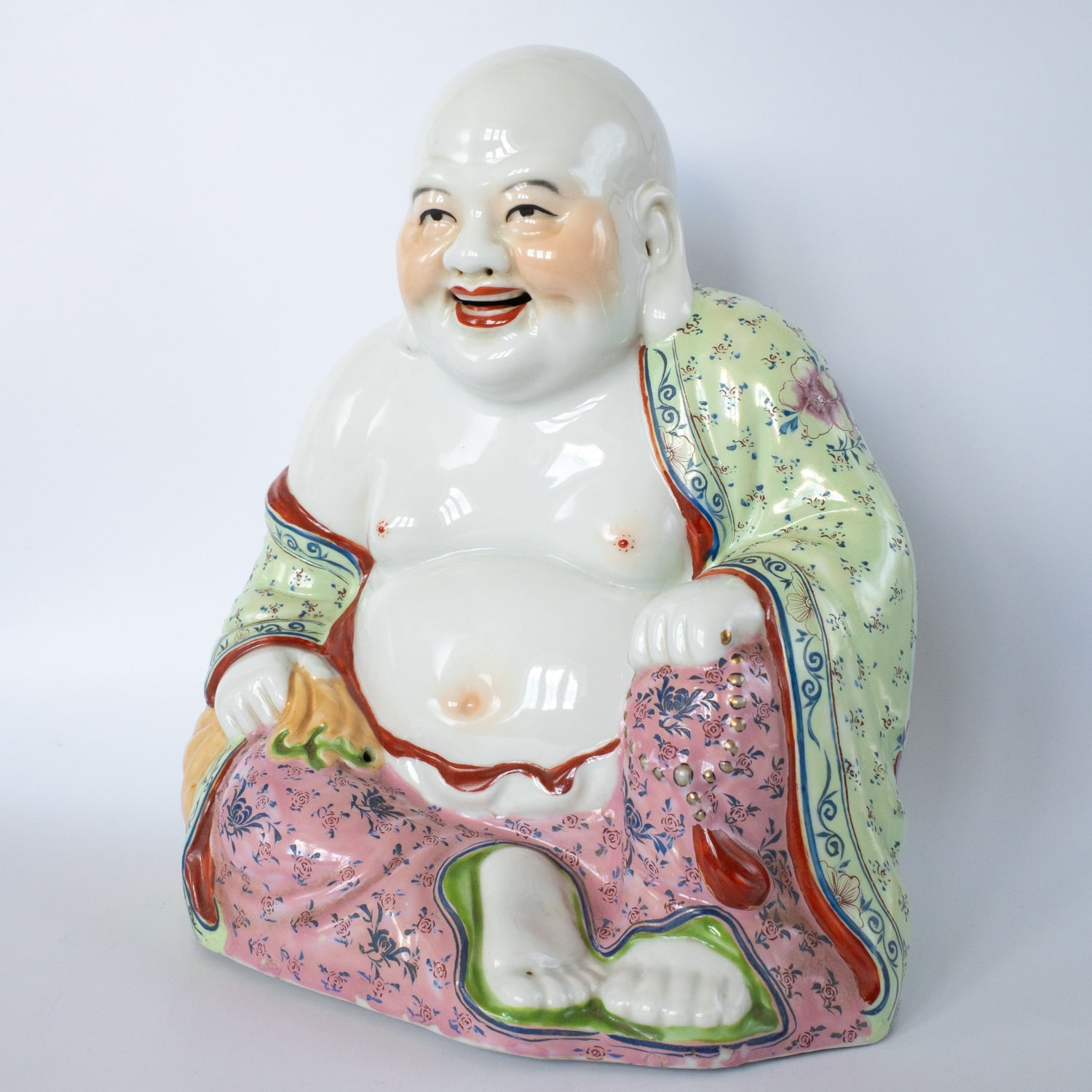 Large Vintage Chinese Famille Rose Porcelain Budai Buddha Figurine. 20th Century