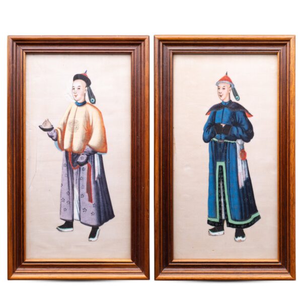 Pair of Chinese Antique Export Paintings on Pith Paper 19th Century Qing Dynasty