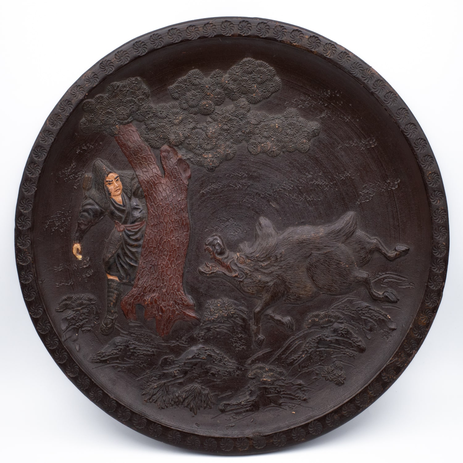 Antique Japanese Tokoname Ware Terracotta Charger. Yamato and the Demon Boar