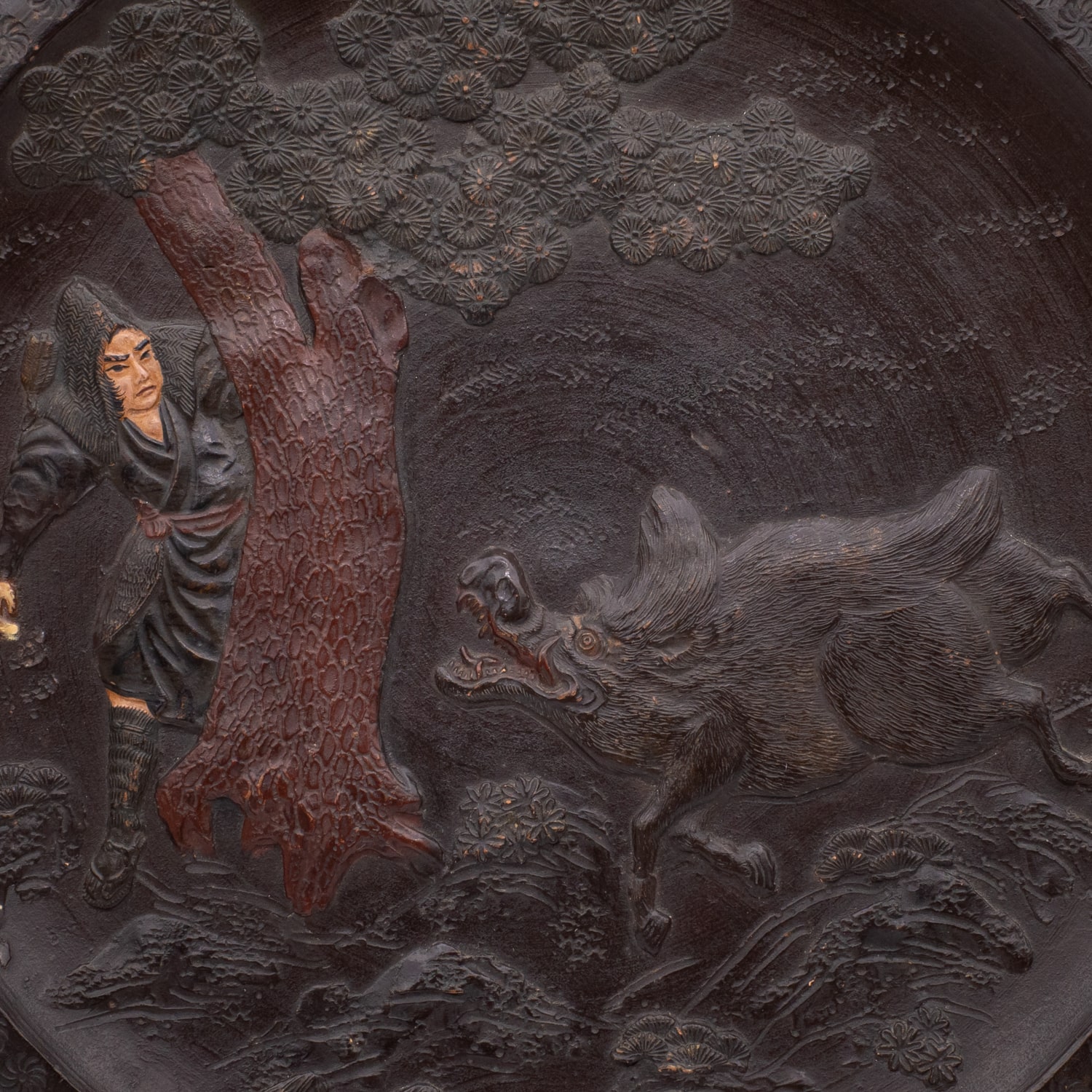 Antique Japanese Tokoname Ware Terracotta Charger. Yamato and the Demon Boar