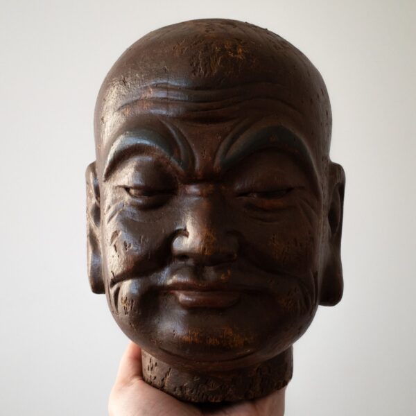 Large Chinese Carved Lacquered Wooden Head of a Luohan 19th-20th Century