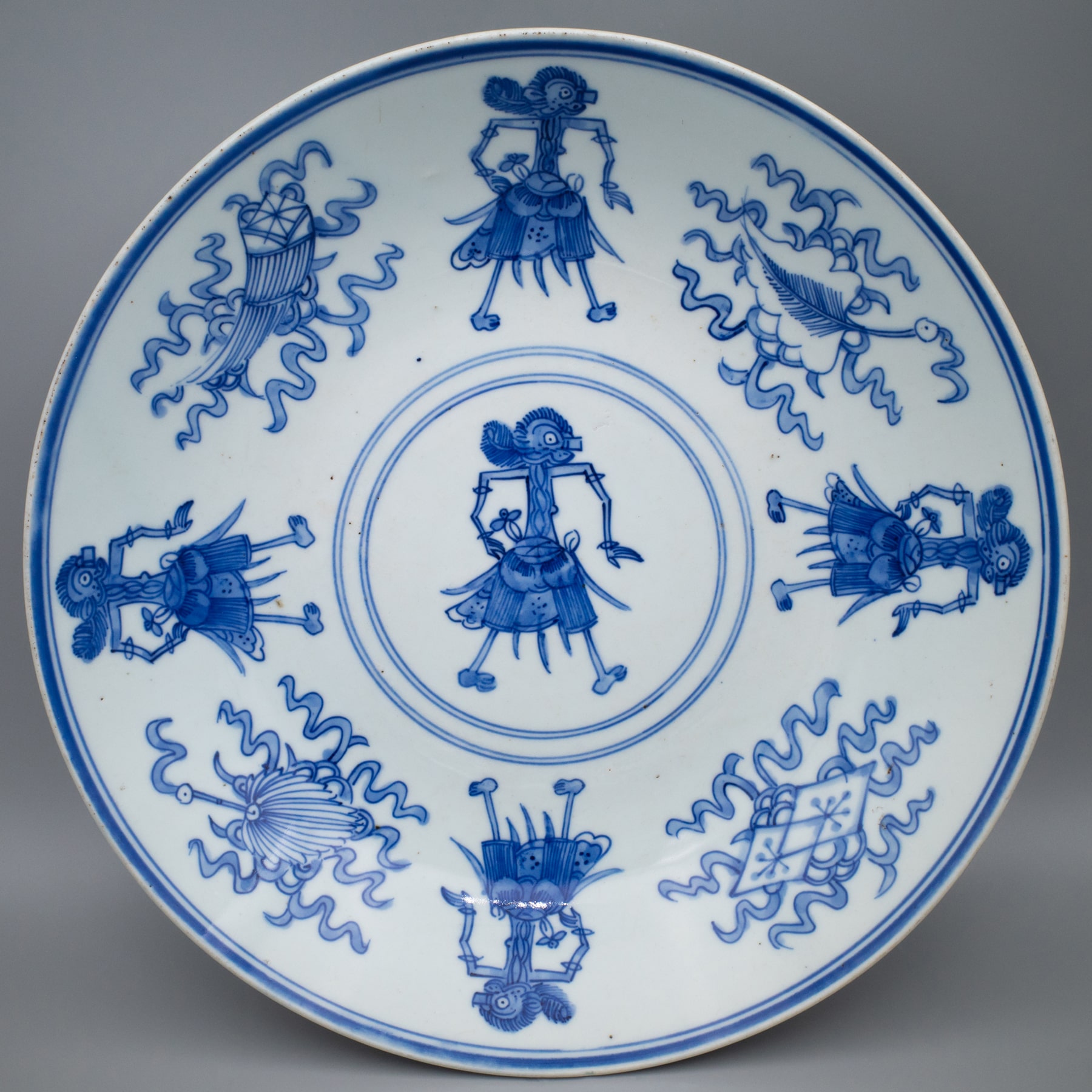 Antique Chinese Blue and White Porcelain Dish For Javanese Market. Wayang Puppets