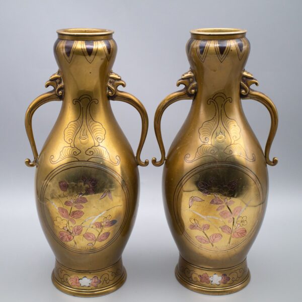 Fine Antique Japanese Mixed Metal Silver and Copper Inlaid Bronze Vases. Meiji Period