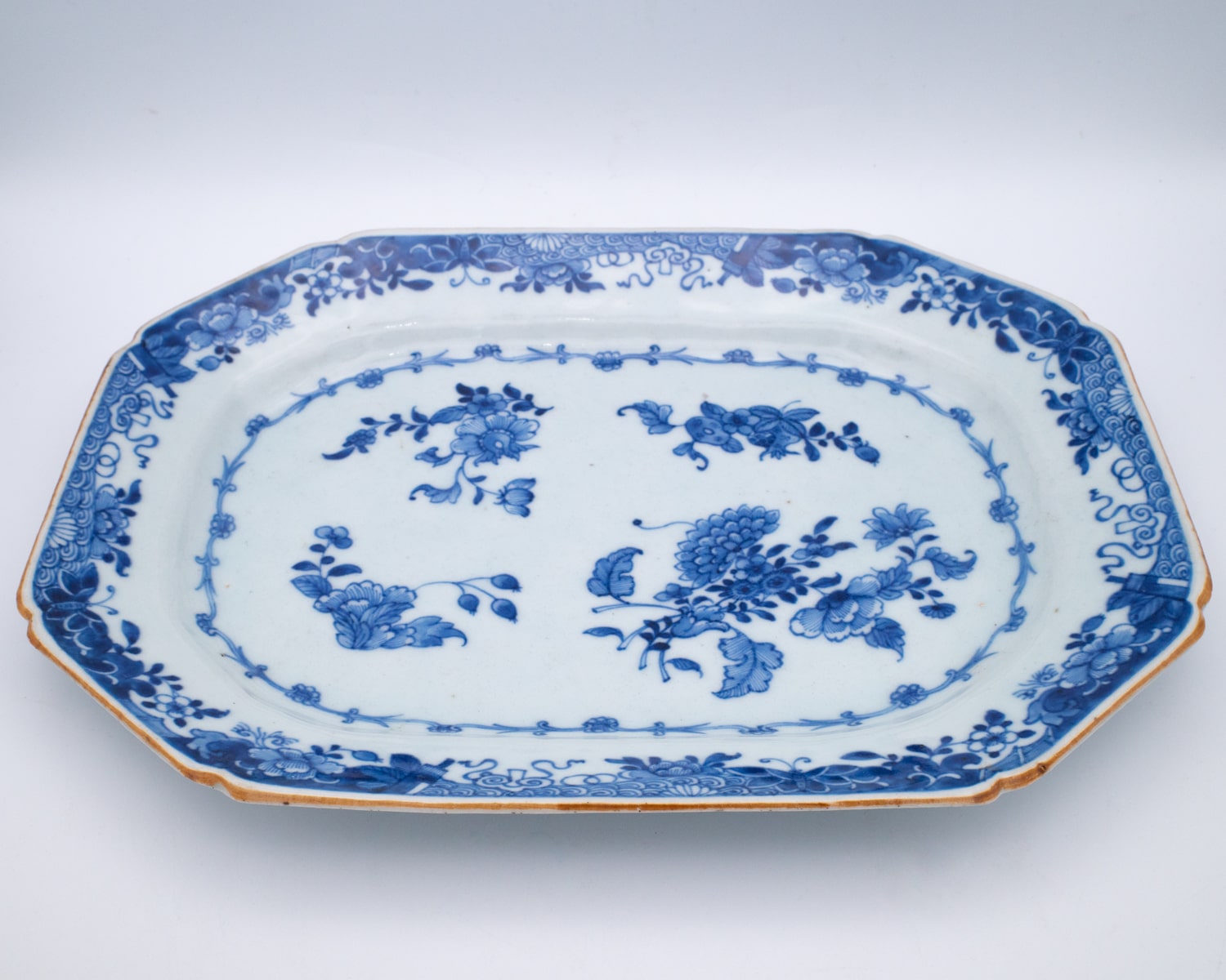 Large Antique Chinese Blue and White Porcelain Octagonal Platter Qianlong Period