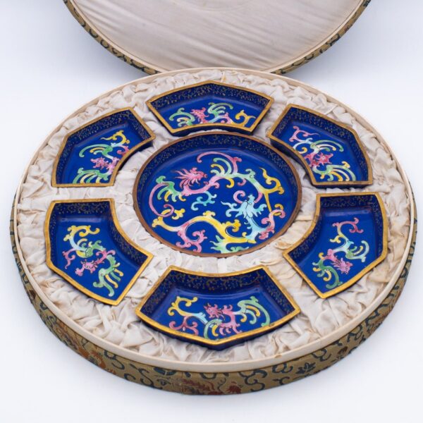 Fine Chinese Vintage Canton Enamel on Copper Sweetmeat Dish Set 20th Century