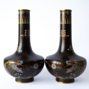 Fine Chinese Antique Cloisonne Enamel Vases Dragons Chasing Pearls