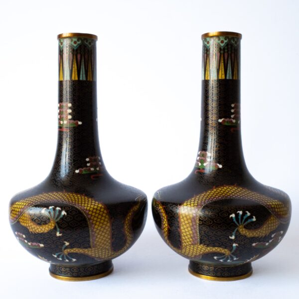 Fine Chinese Antique Cloisonne Enamel Vases Dragons Chasing Pearls