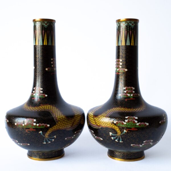 Fine Chinese Antique Cloisonne Enamel Vases Dragons Chasing Pearls