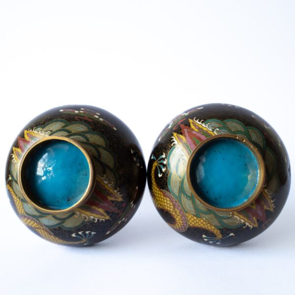 Fine Chinese Antique Cloisonne Enamel Vases Dragons Chasing Pearls