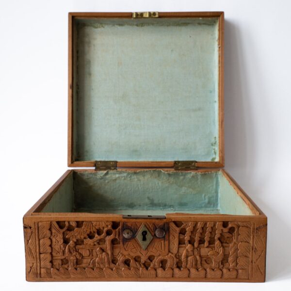 Chinese Antique Vintage Canton Relief Carved Wooden Box. Working Lock and Key