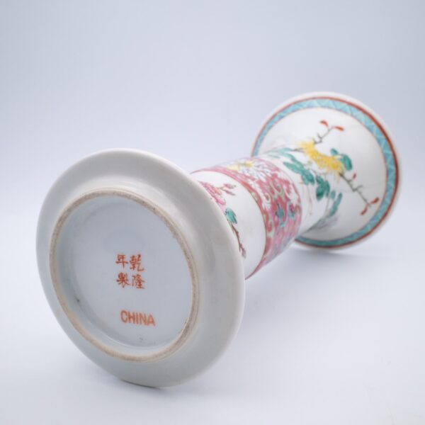 Chinese Vintage Famille Rose Porcelain Gu Form Trumpet Vase Qianlong Mark 20th Century