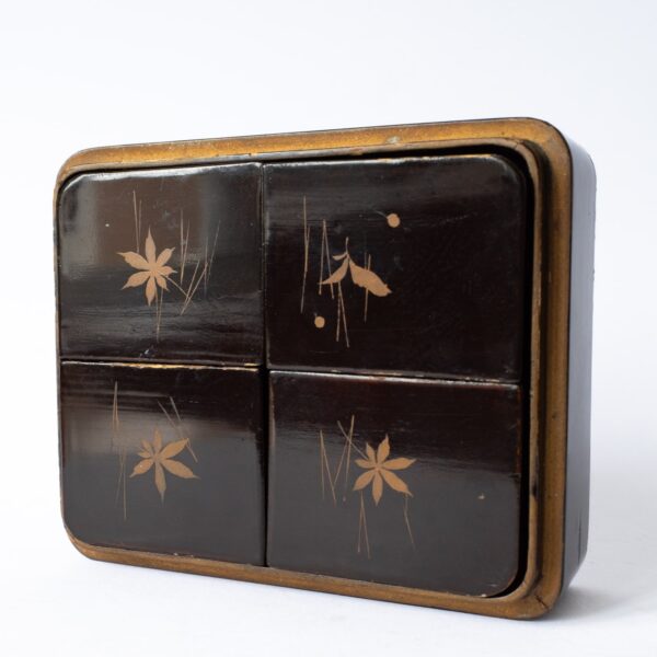 Antique Japanese Black Gilt Lacquered Box With Internal Compartments